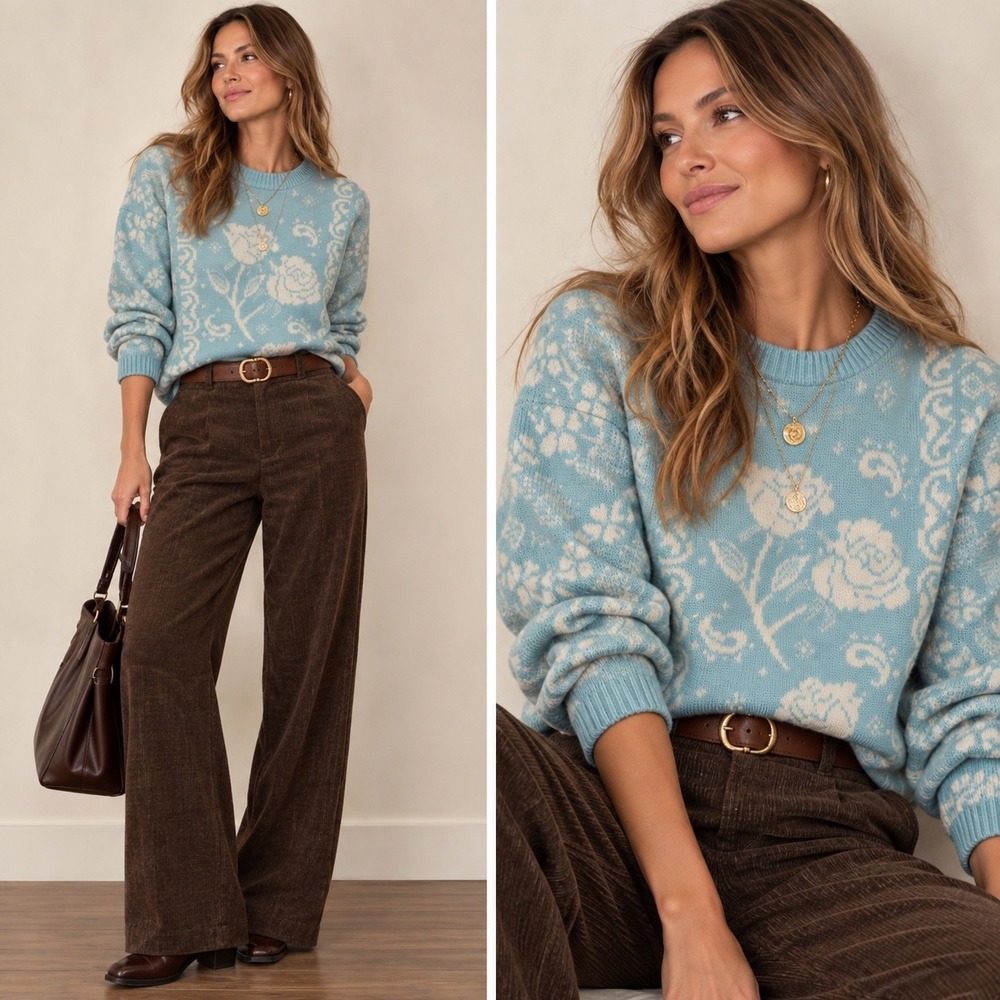 Vintage Floral Rose Knit Sweater Womens Size M Blue Pastel Cottagecore Y2K USA
